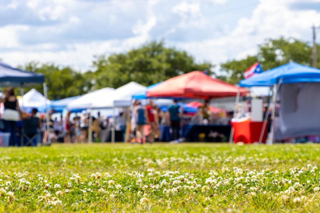 A bunch of tents lined up at an outdoor event.
