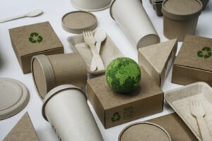 A bunch of biodegradable food containers and silverware with a small green globe.