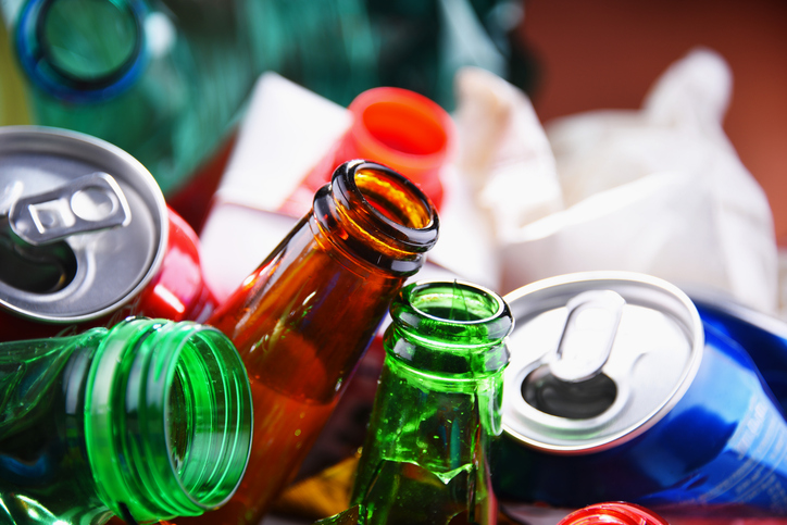 An assortment of recycled items piled together.